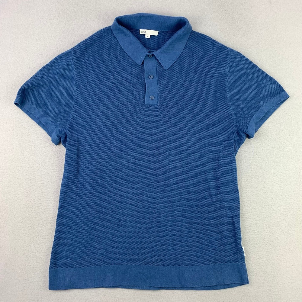 onia Polo Shirt Mens XL Blue Knit Fitted Short Sleeve Preppy Cotton Y2K Retro‎